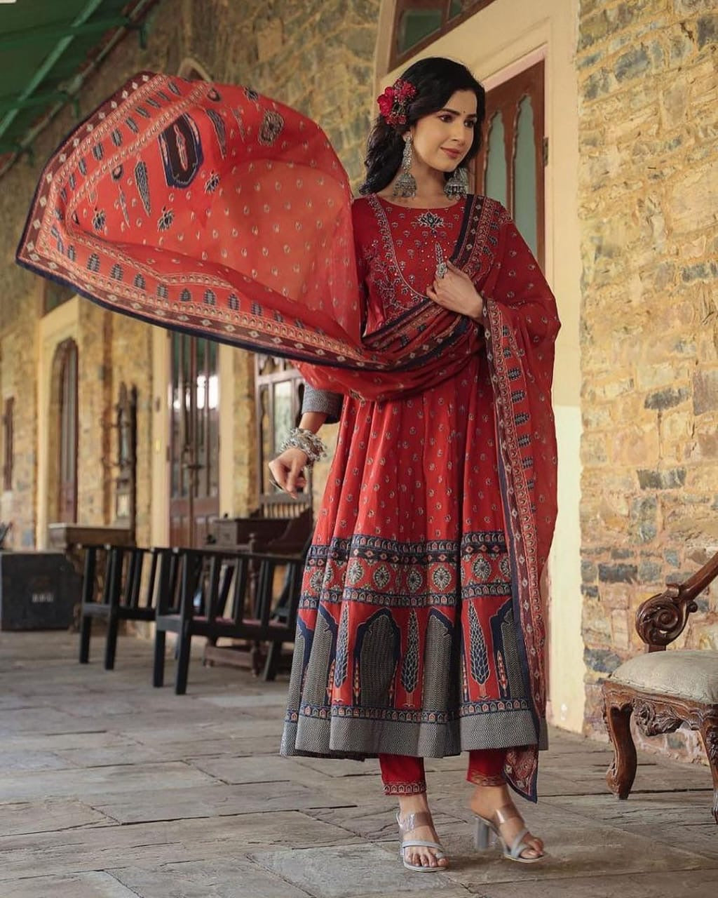 Bannisaa Midnight Blue Vintage Charm Anarkali Set - Classic Florals with Traditional Embroidered Yoke