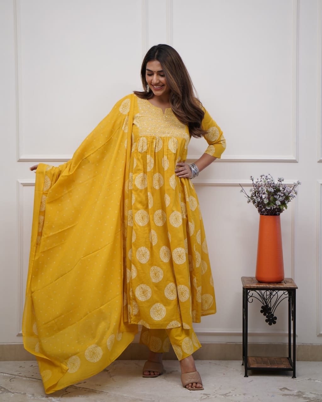 Bannisaa Golden Sunshine Fully Flaird Anarkali 3-Piece Kurta Set