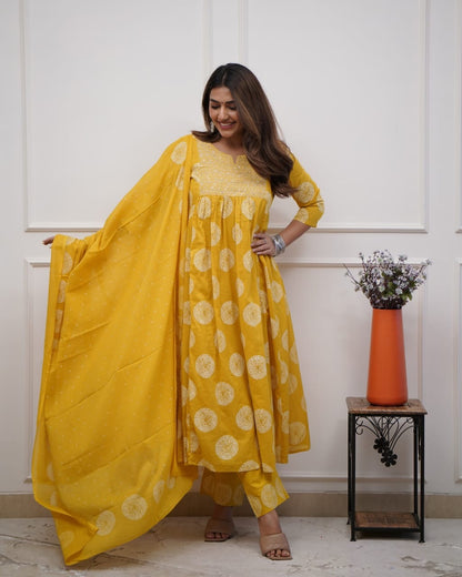 Bannisaa Golden Sunshine Fully Flaird Anarkali 3-Piece Kurta Set