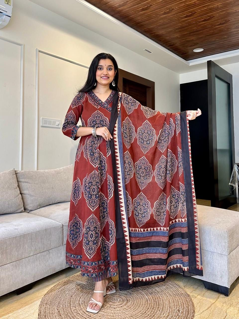 Bannisaa Ajrakh Print Straight Kurta Set with Dupatta (3 piece suit)