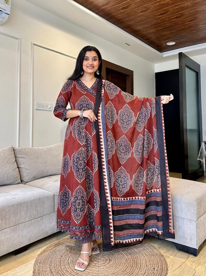 Bannisaa Ajrakh Print Straight Kurta Set with Dupatta (3 piece suit)