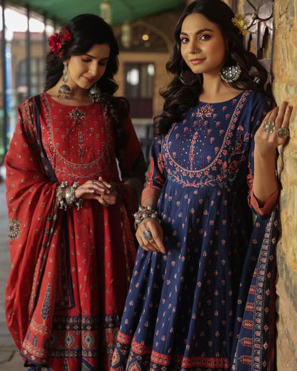 Bannisaa Midnight Blue Vintage Charm Anarkali Set - Classic Florals with Traditional Embroidered Yoke