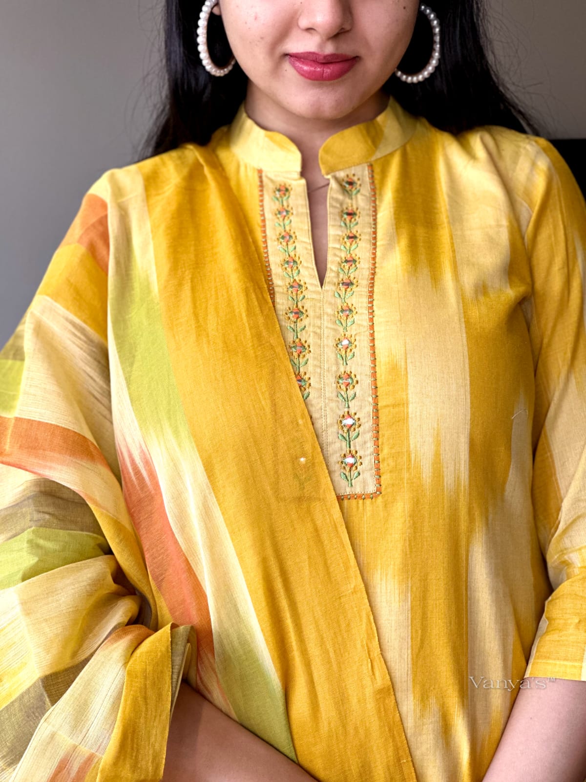 Bannisaa Sunset Ikat Fusion Suit Set - Contemporary Brushstroke Print with Vibrant Color Palette