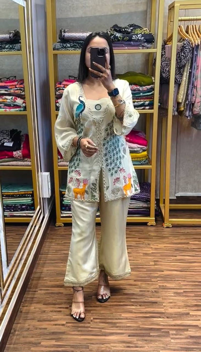 Bannisaa Enchanted Garden Co-ord Set - Ivory Peacock Embroidered Ensemble with Nature Motifs