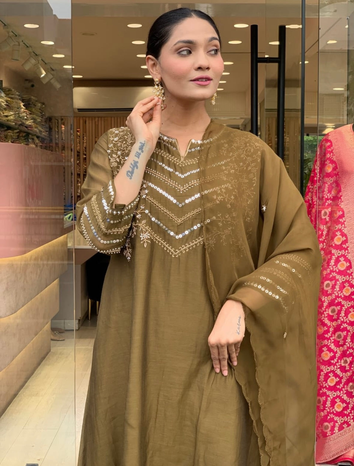 Bannisaa Olive Green Georgette Kaftan Set - Traditional Gota Patti Embroidery with Chevron Pattern Design