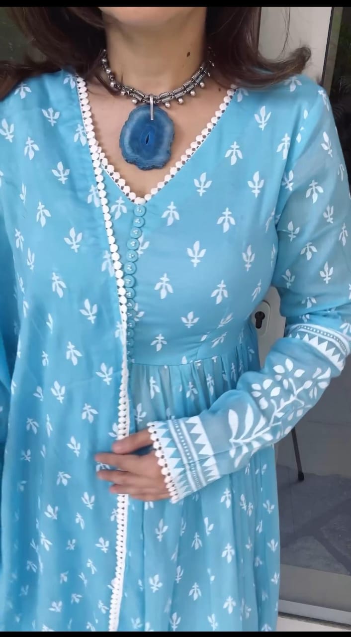 Bannisaa Sky Blue Floral Anarkali Dress - Ethereal Blooms with Flowing Silhouette