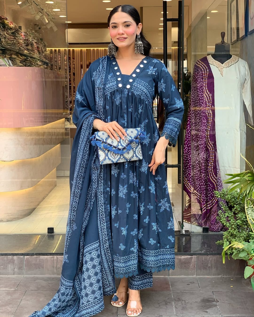 Bannisaa Navy Blue Block Print Sharara Suit Set - Traditional Indigo Floral Motifs with Geometric Border Design