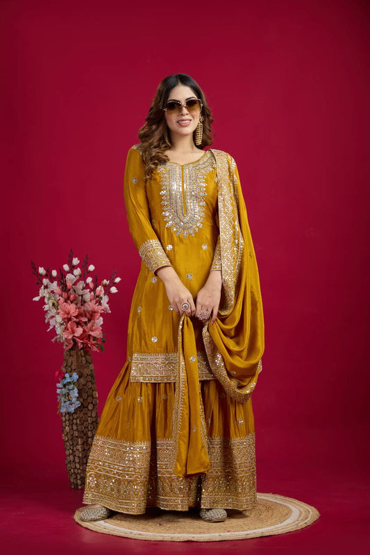 Bannisaa Luxury Embroidered Sharara Set - Heavy Zardozi Work with Golden (3 piece Kurta set)