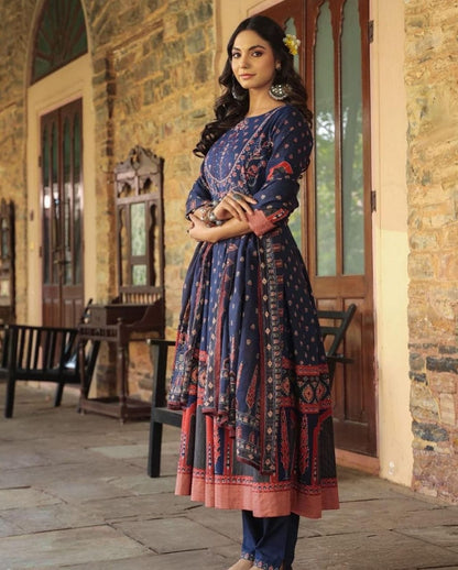 Bannisaa Midnight Blue Vintage Charm Anarkali Set - Classic Florals with Traditional Embroidered Yoke