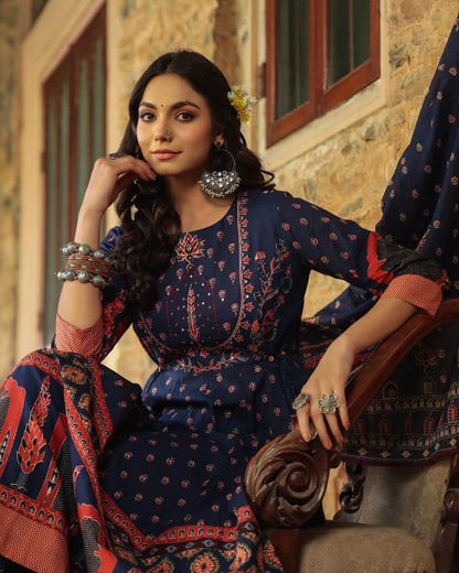 Bannisaa Midnight Blue Vintage Charm Anarkali Set - Classic Florals with Traditional Embroidered Yoke