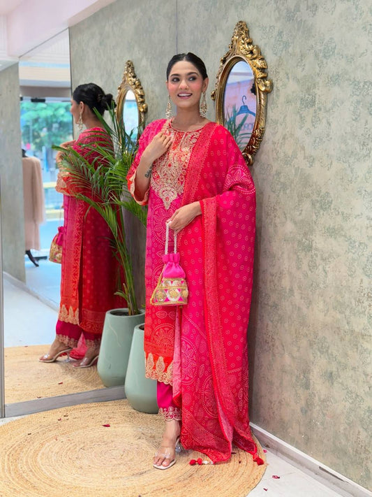 Bannisaa Rose Pink Bandhani Royale Suit Set - Traditional Tie-Dye with Golden Zardozi Embroidery