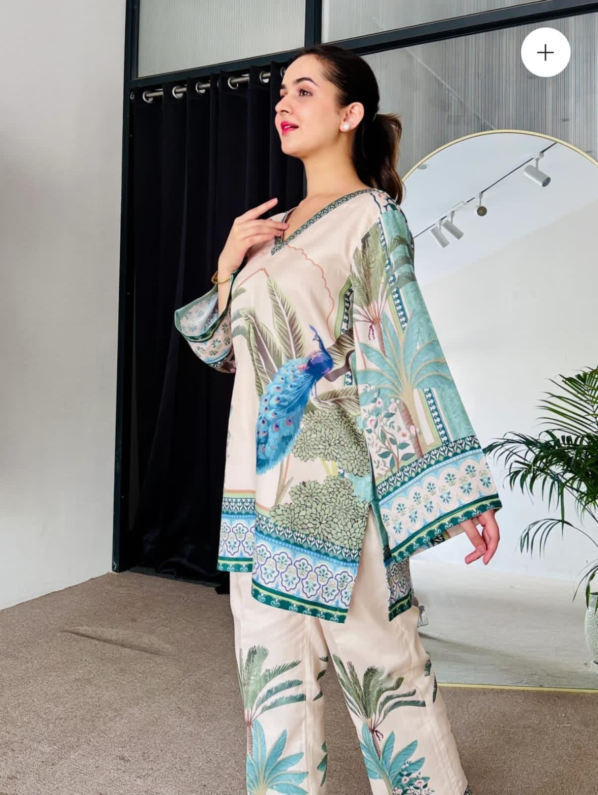 Bannisaa Tropical Paradise Muslin Printed Co-ord Set - Ivory & Turquoise Ensemble
