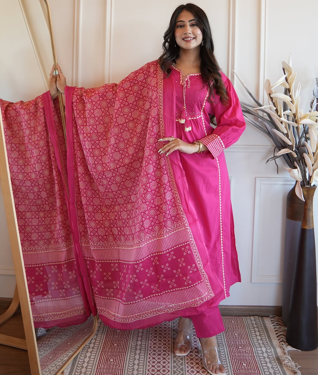 Bannisaa Fuchsia Royal Heritage Suit Set - Traditional Block Print with Golden Gota Detailing