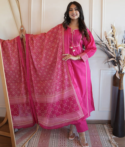 Bannisaa Fuchsia Royal Heritage Suit Set - Traditional Block Print with Golden Gota Detailing