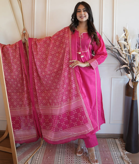 Bannisaa Fuchsia Royal Heritage Suit Set - Traditional Block Print with Golden Gota Detailing