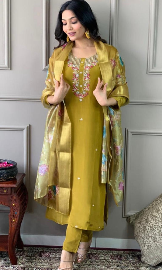 Bannisaa Golden Meadow Embroidered Suit Set - Floral Thread Work with Silk Dupatta