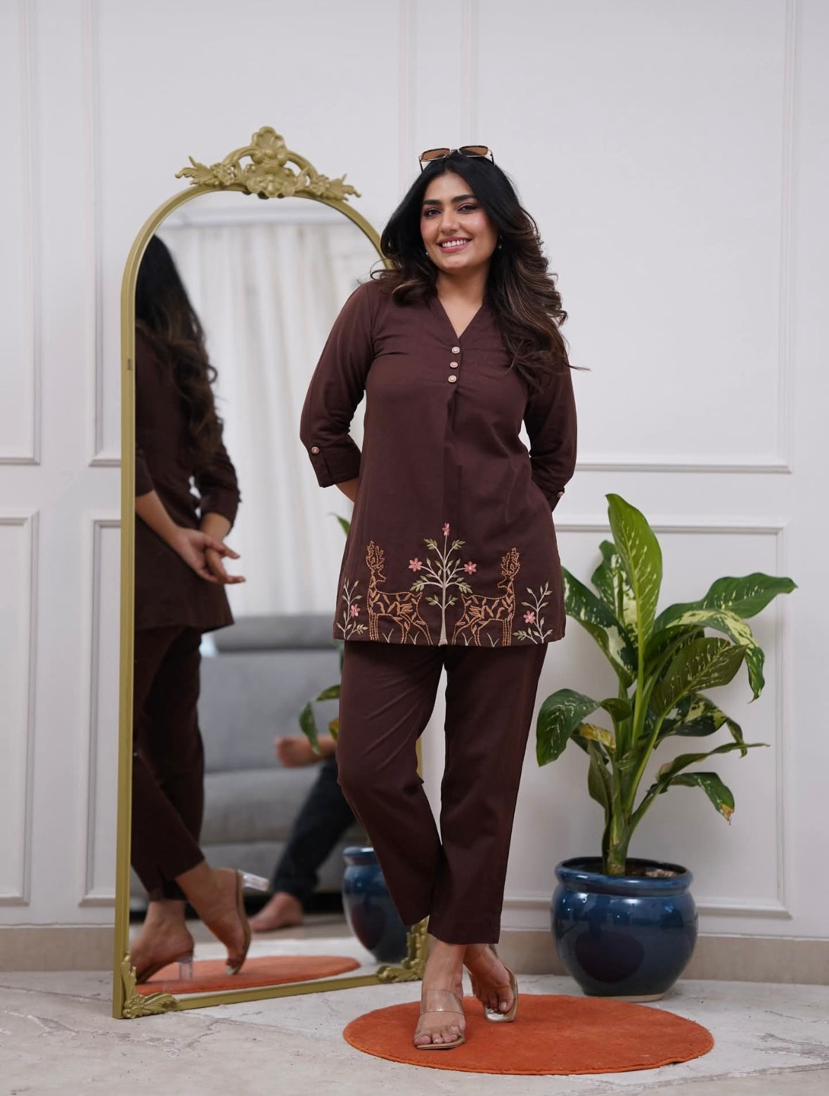 Bannisaa Deep Brown Embroidered Short Kurta Set