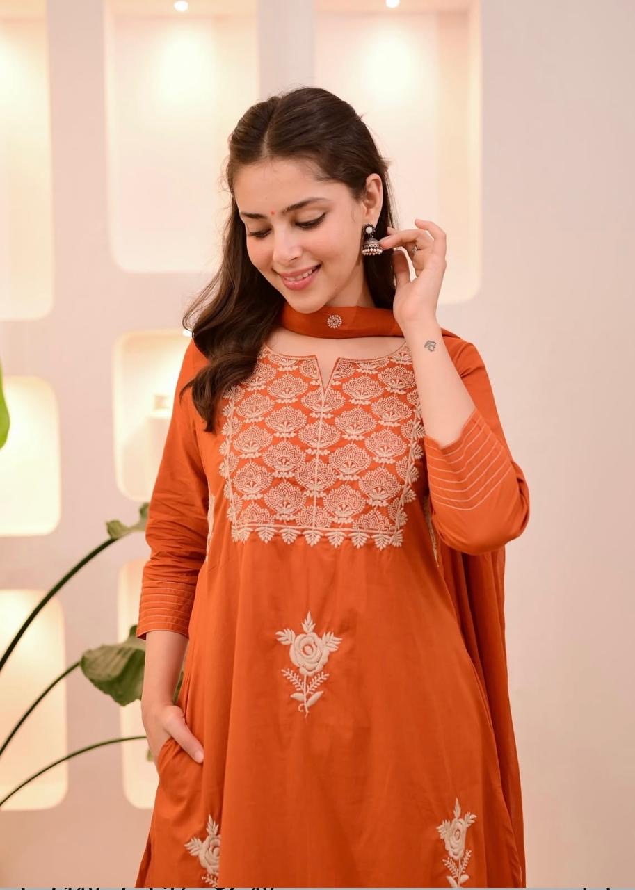 Bannisaa Vibrant Orange Embroidered Suit Set - Traditional Chikankari Work with Matching Dupatta