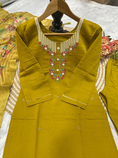 Bannisaa Golden Meadow Embroidered Suit Set - Floral Thread Work with Silk Dupatta