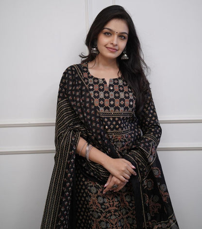 Bannisaa Crimson Heritage Block Print Suit Set - Traditional Ajrakh with Golden Geometric Motifs