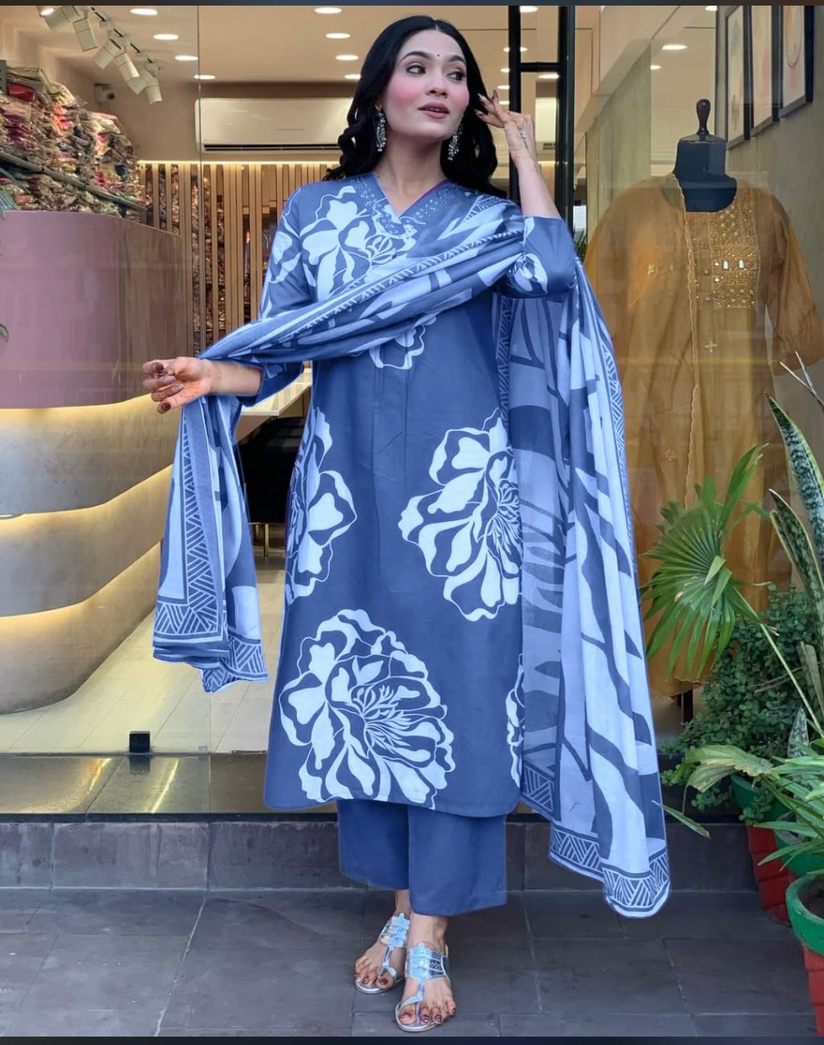 Bannisaa Azure Bloom 3 piece Suit Set - Powder Blue Floral Print Ensemble with Traditional Dupatta