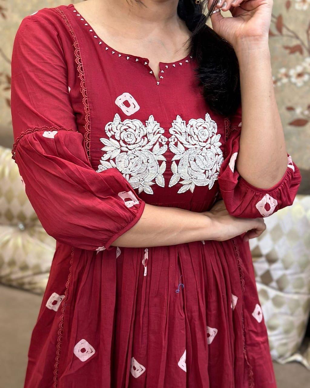 Bannisaa Crimson Rose Embroidered Anarkali Dress - Bohemian Floral with Mirror Work Accents