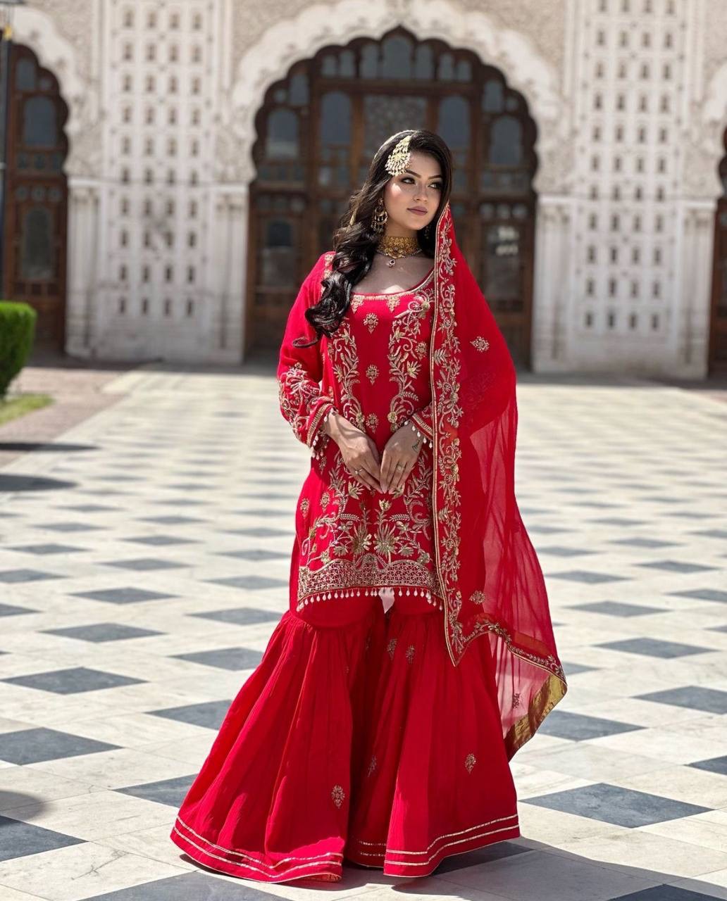 Bannisaa Crimson Bridal Gharara Set - Luxe Gold Zardozi with Pearl Tassels