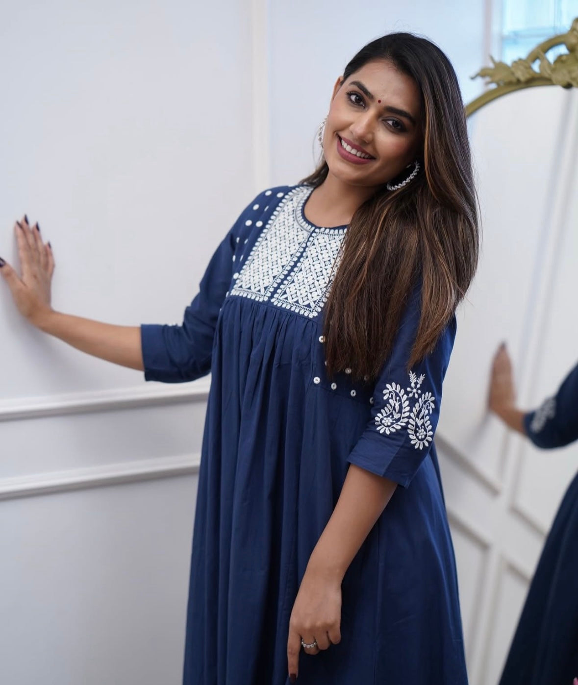Bannisaa Midnight Stars Co-ord Set - Navy Blue Embroidered Ensemble with Pearl White Yoke