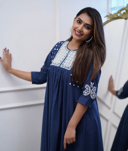 Bannisaa Midnight Stars Co-ord Set - Navy Blue Embroidered Ensemble with Pearl White Yoke