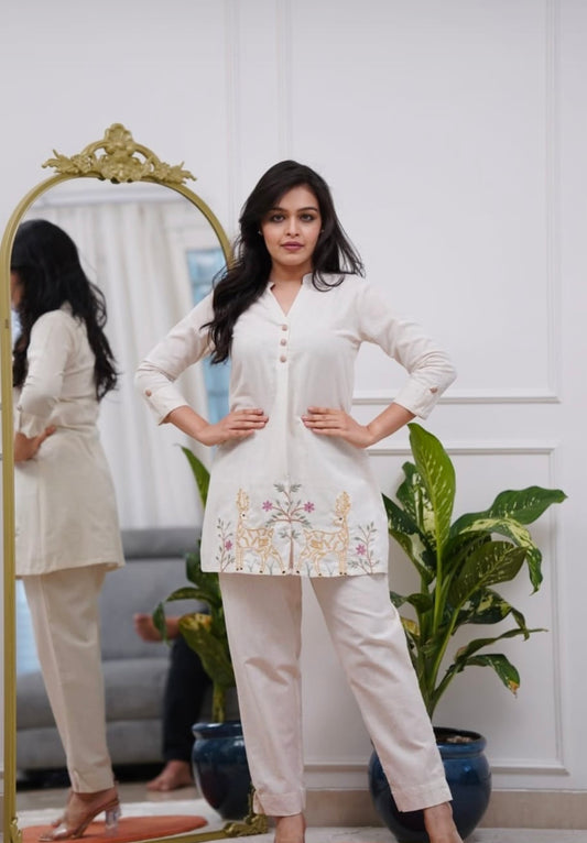 Bannisaa Ivory Embroidered Short Kurta Set
