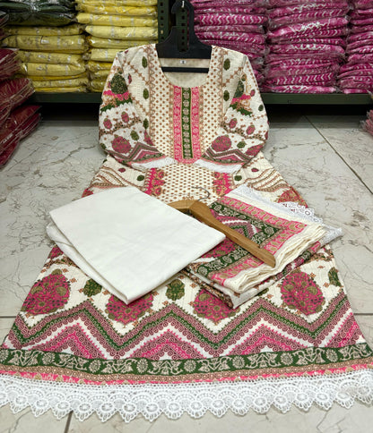 Bannisaa Ivory Luxury Lawn Suit Set - Traditional Block Print with Intricate Embroidered Details