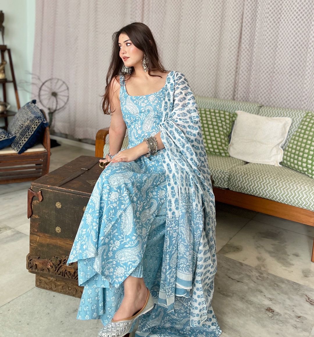 Sky Blue & Pink Paisley Printed Sharara Sleeveless Set - Traditional Block Print with Matching Dupatta (3 piece set)