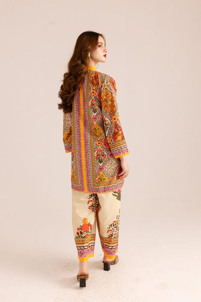 Bannisaa Regal Paisley Muslin printed Co-ord Set - Festive Orange & Gold Ensemble