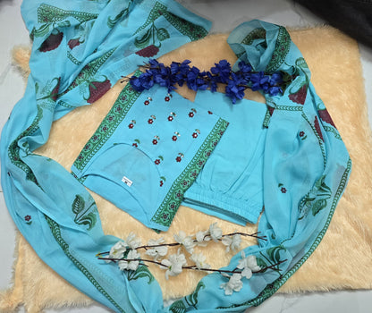 Bannisaa Block Printed Rose Motif Kurta Set - White Cotton Suit with Green Border & Matching Dupatta (3 piece suit)