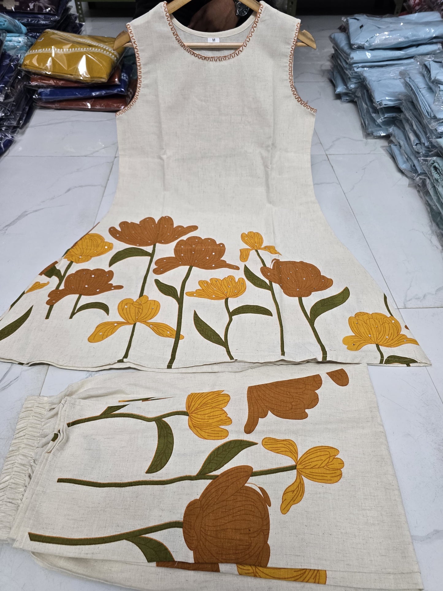 Bannisaa Pearl Embellished Floral Co-ord Set - White Tunic with Golden Bloom Print & Matching Pants