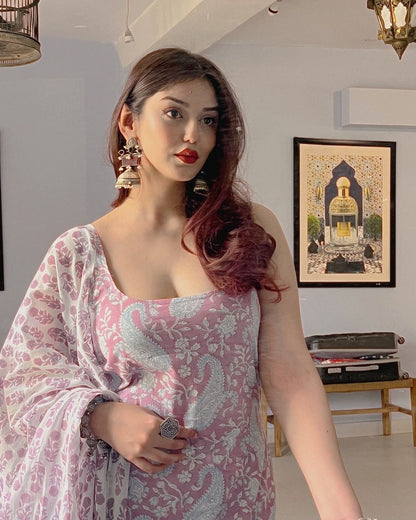 Sky Blue & Pink Paisley Printed Sharara Sleeveless Set - Traditional Block Print with Matching Dupatta (3 piece set)