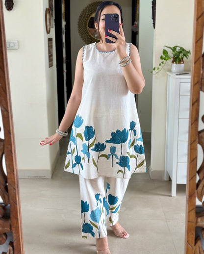Bannisaa Pearl Embellished Floral Co-ord Set - White Tunic with Golden Bloom Print & Matching Pants
