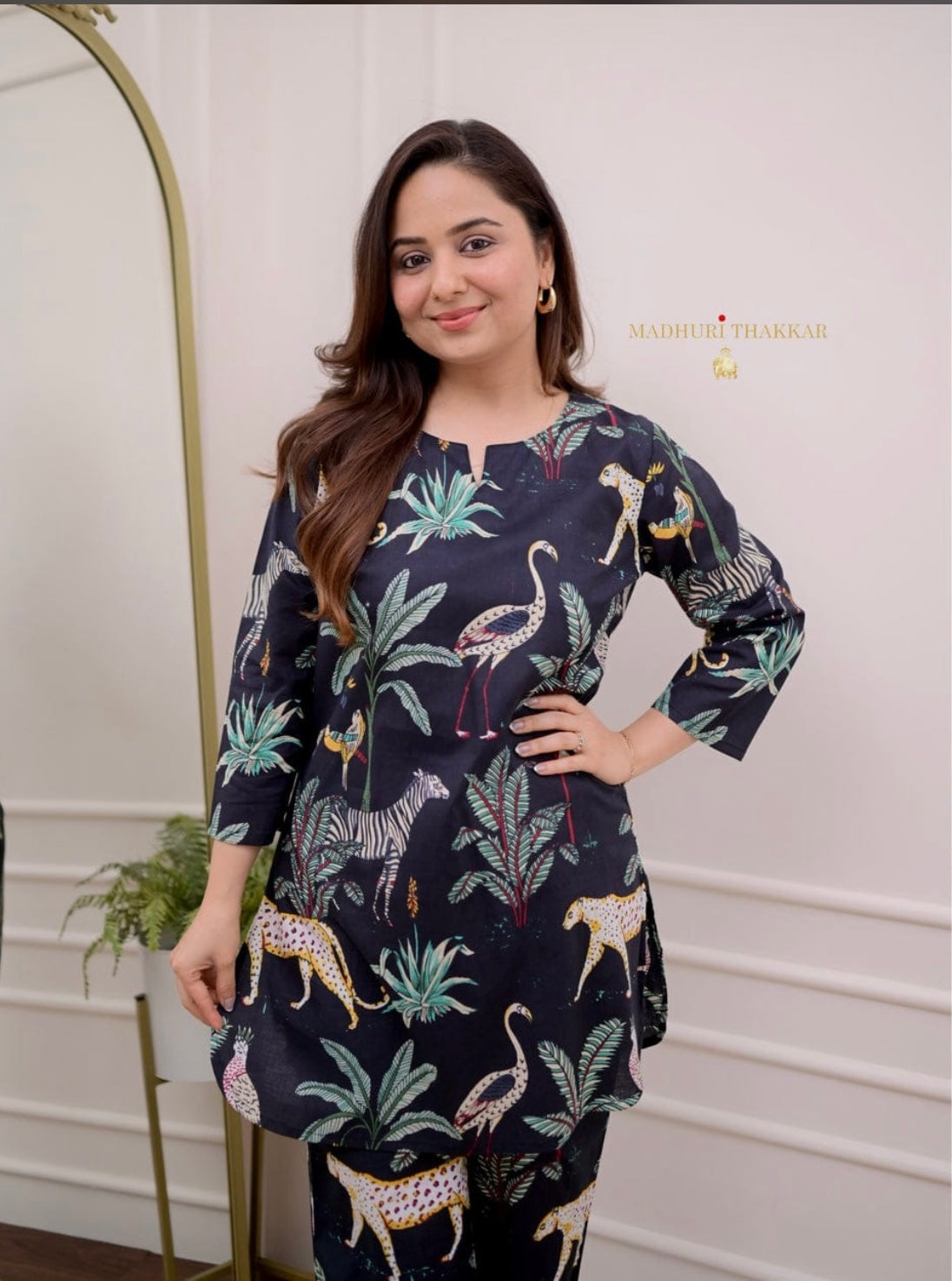 Bannisaa Safari Dreams Co-ord Set - Navy Blue Jungle Print Ensemble with Exotic Animal Motifs