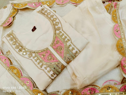 Bannisaa Ivory Pastel Embroidered 3 piece Kurta set