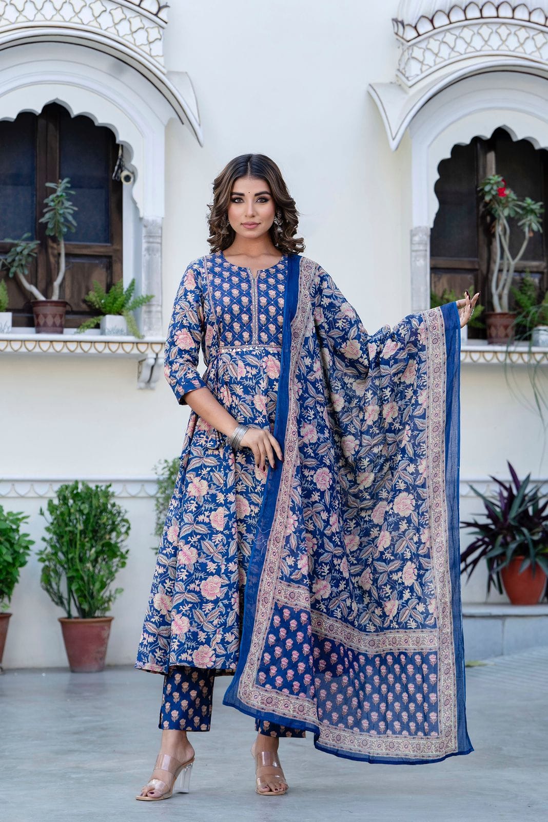 Bannisaa Ethnic Rose Garden Suit Set Collection - Royal Blue & Teal Twin Set with Golden Florals