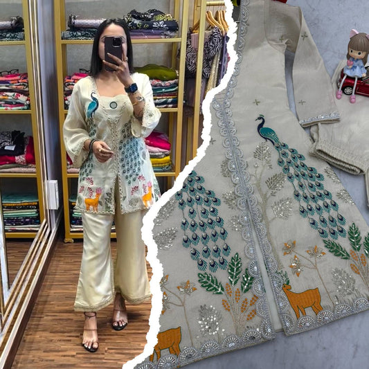 Bannisaa Enchanted Garden Co-ord Set - Ivory Peacock Embroidered Ensemble with Nature Motifs