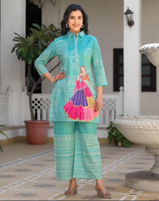 Bannisaa Coral Heritage Print Co-ord Set - Royal Rajasthani Art with Traditional Architecture Motifs