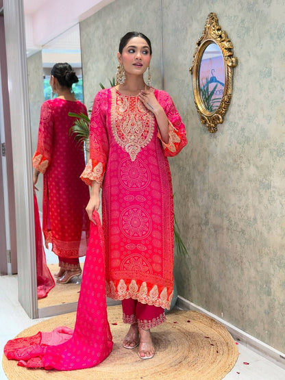 Bannisaa Rose Pink Bandhani Royale Suit Set - Traditional Tie-Dye with Golden Zardozi Embroidery