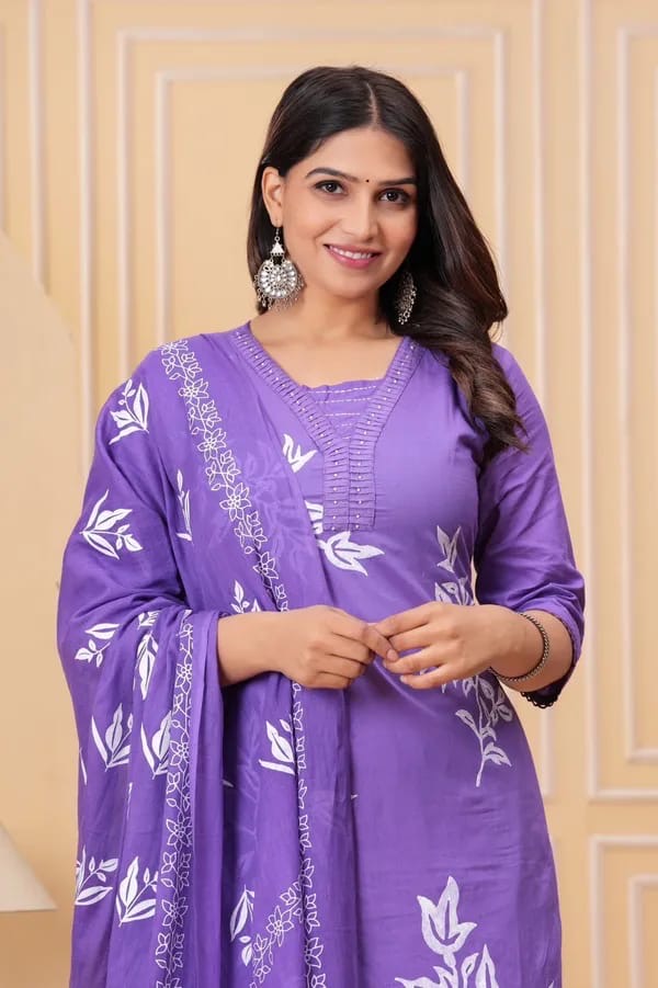 Bannisaa Lavender Leaf Embroidered Suit Set - Traditional White Thread Work with Botanical Motifs