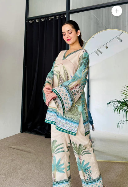 Bannisaa Tropical Paradise Muslin Printed Co-ord Set - Ivory & Turquoise Ensemble