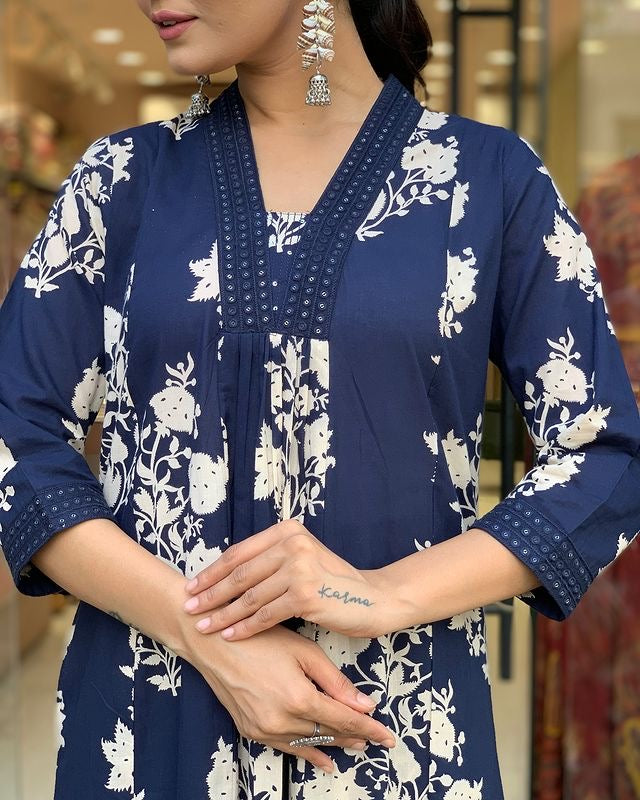 Bannisaa Printed Cotton Anarkali 3-Piece Kurta Set