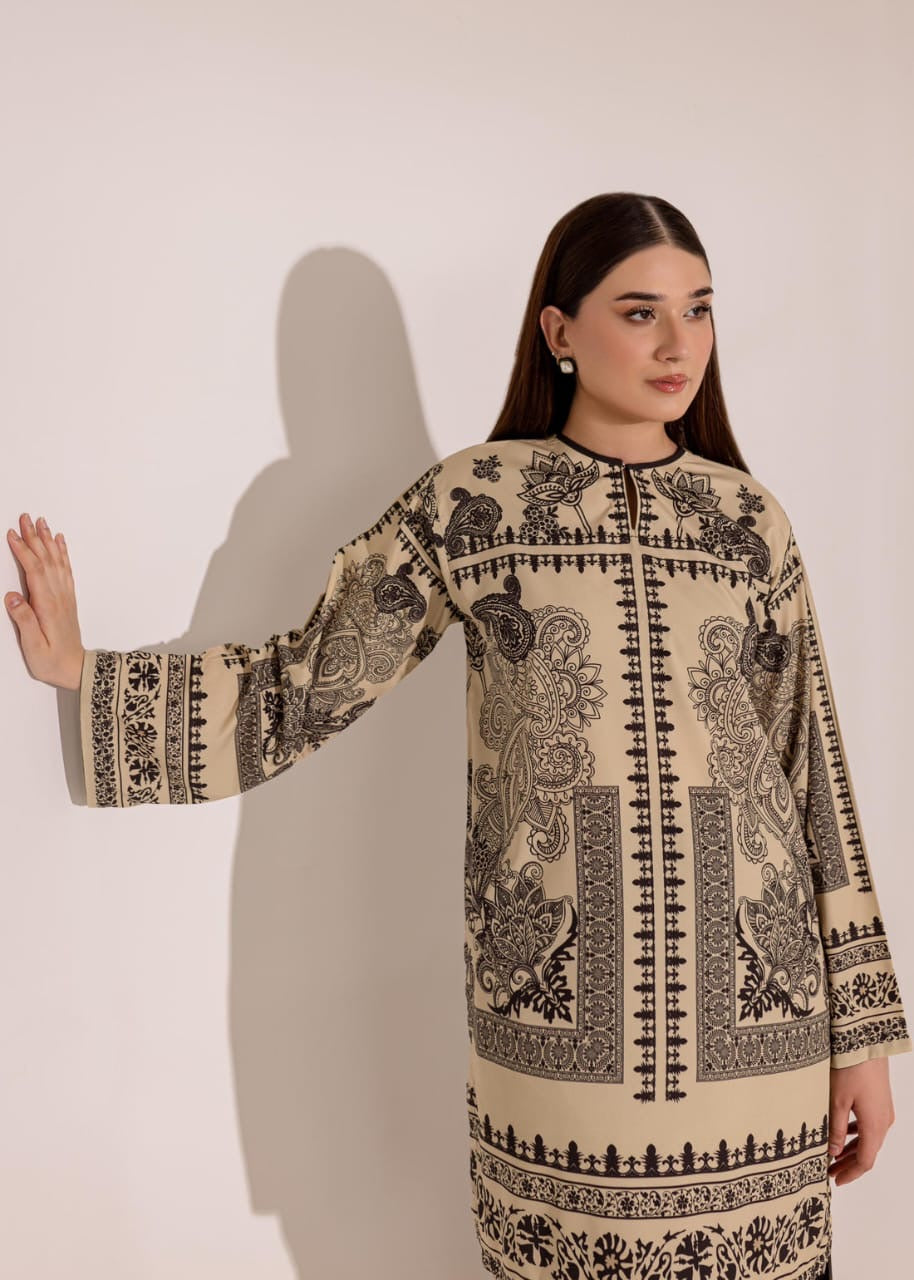 Bannisaa Heritage Noir Muslin Printed Co-ord Set - Classic Black & Beige Ensemble