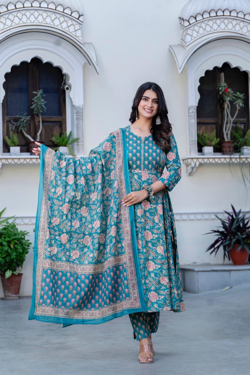 Bannisaa Ethnic Rose Garden Suit Set Collection - Royal Blue & Teal Twin Set with Golden Florals