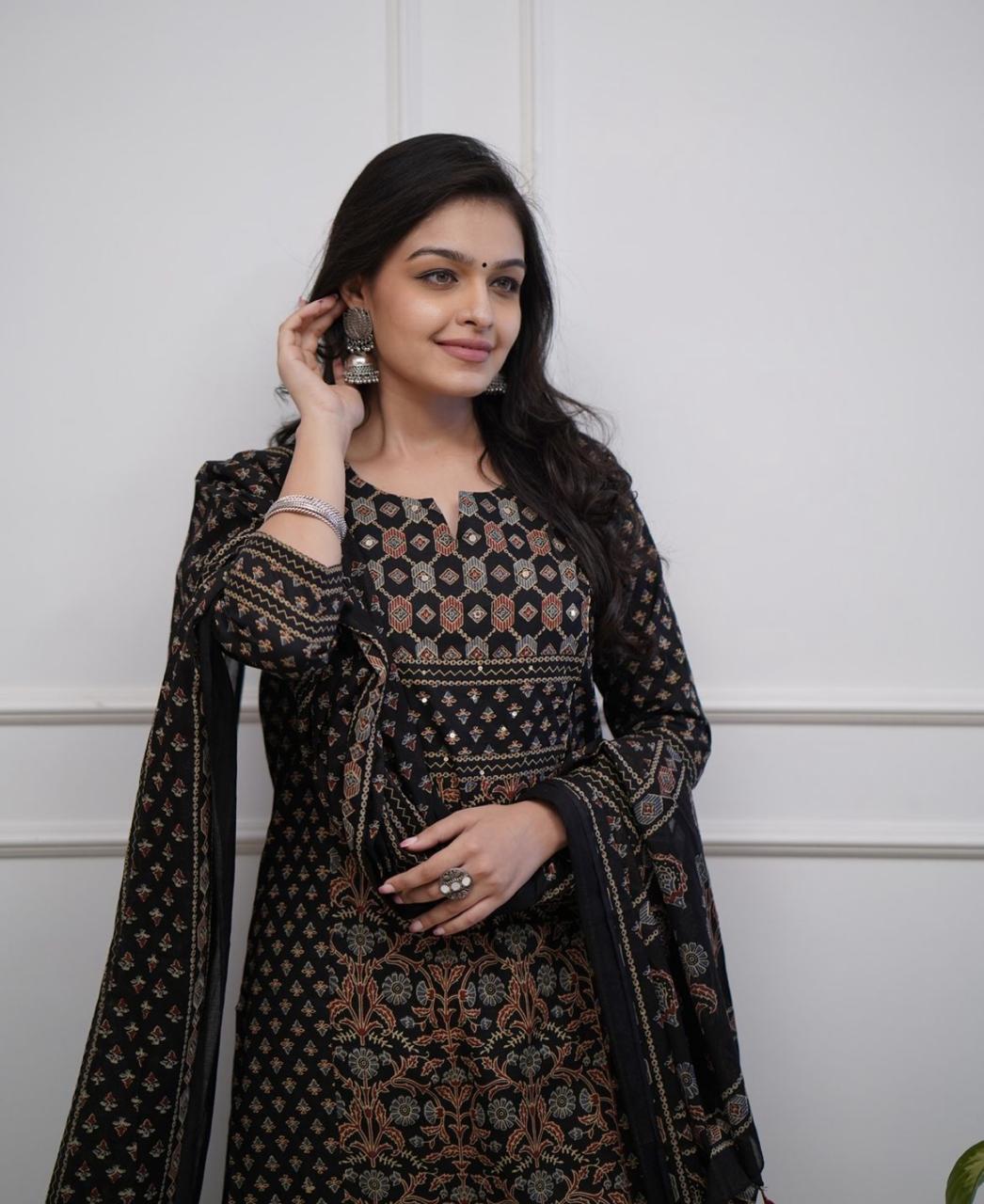 Bannisaa Crimson Heritage Block Print Suit Set - Traditional Ajrakh with Golden Geometric Motifs