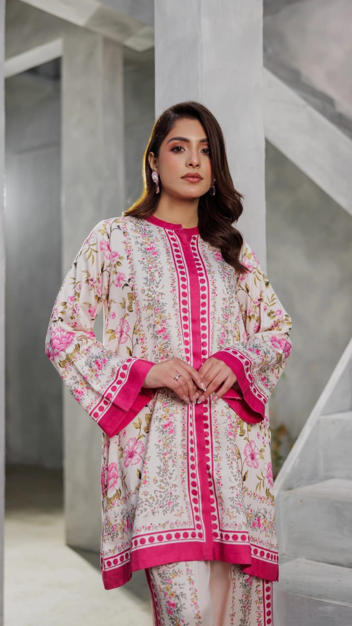 Bannisaa Rose Garden Muslin Printed Co-ord Set - Ivory & Fuchsia Ensemble